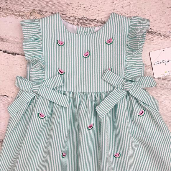 Starting Out Baby Girls 18M Watermelon Seersucker Dress Set Bloomers Bow New - Picture 4 of 9